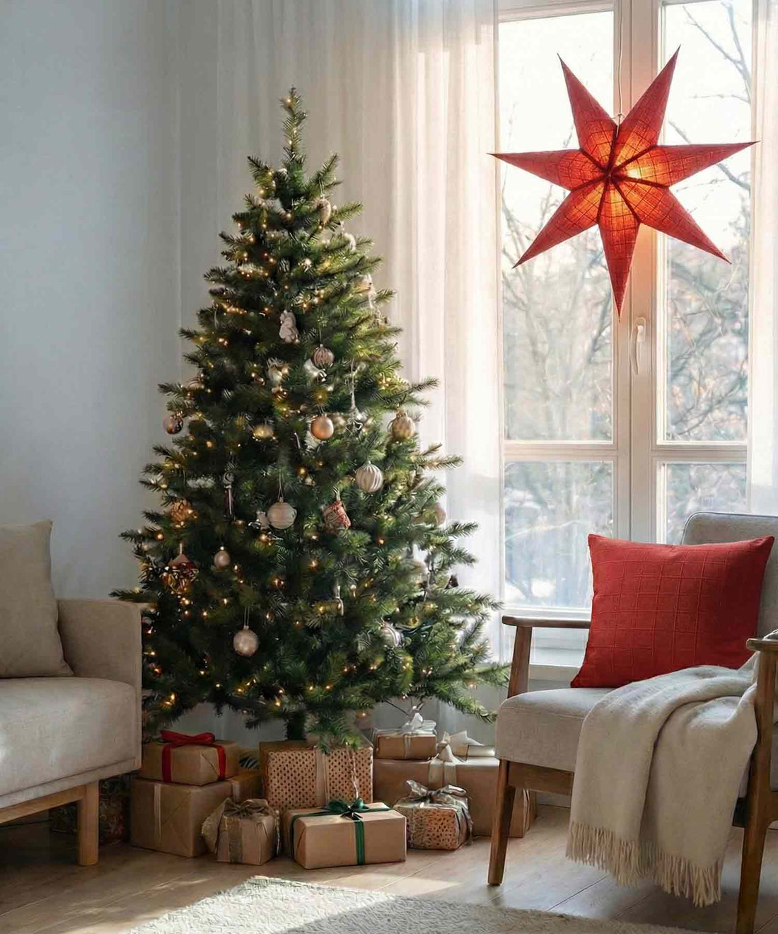 Decorated christmas tree with star on a window and a cosy reading nook