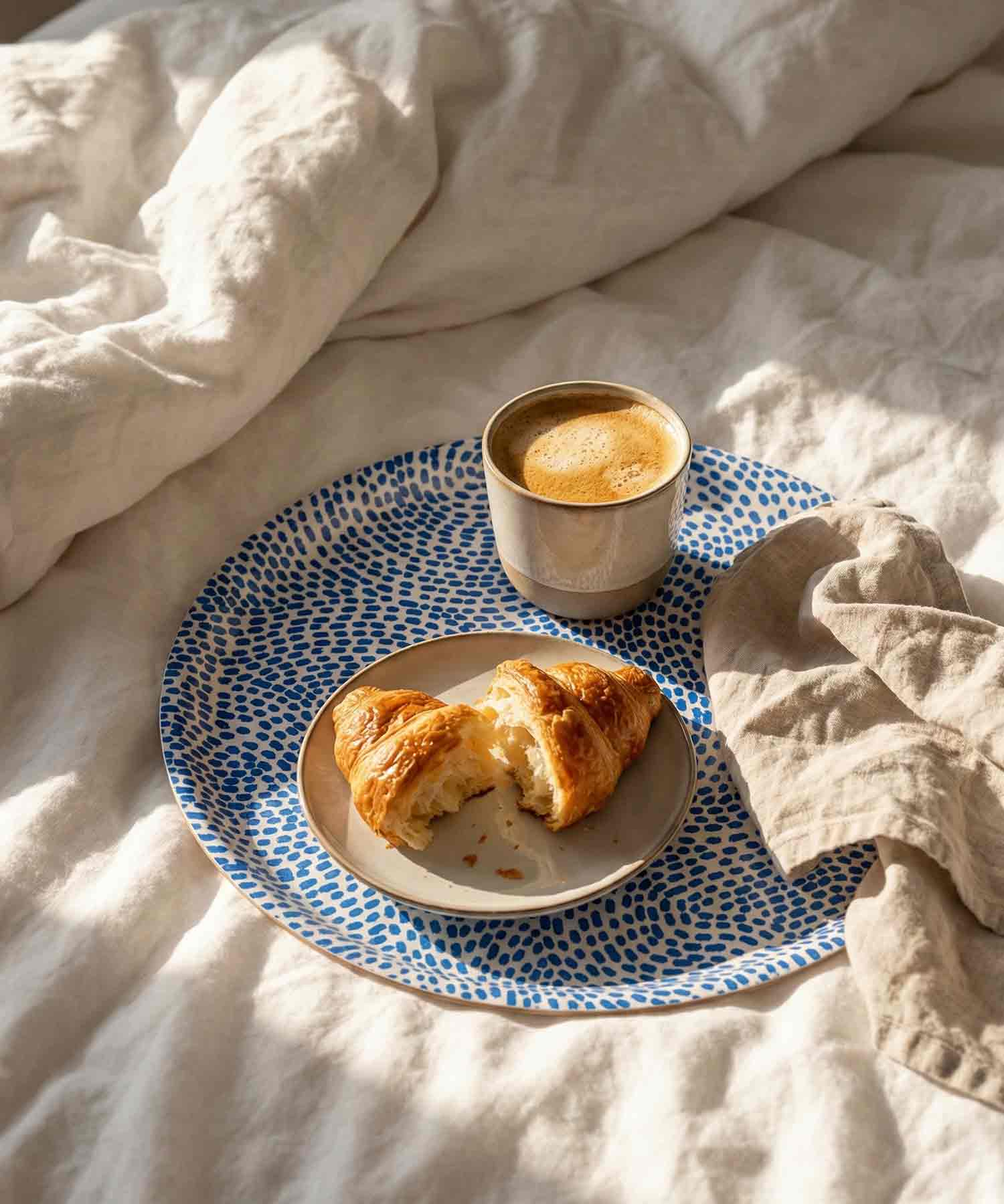 blue color wood birch tray morning coffee